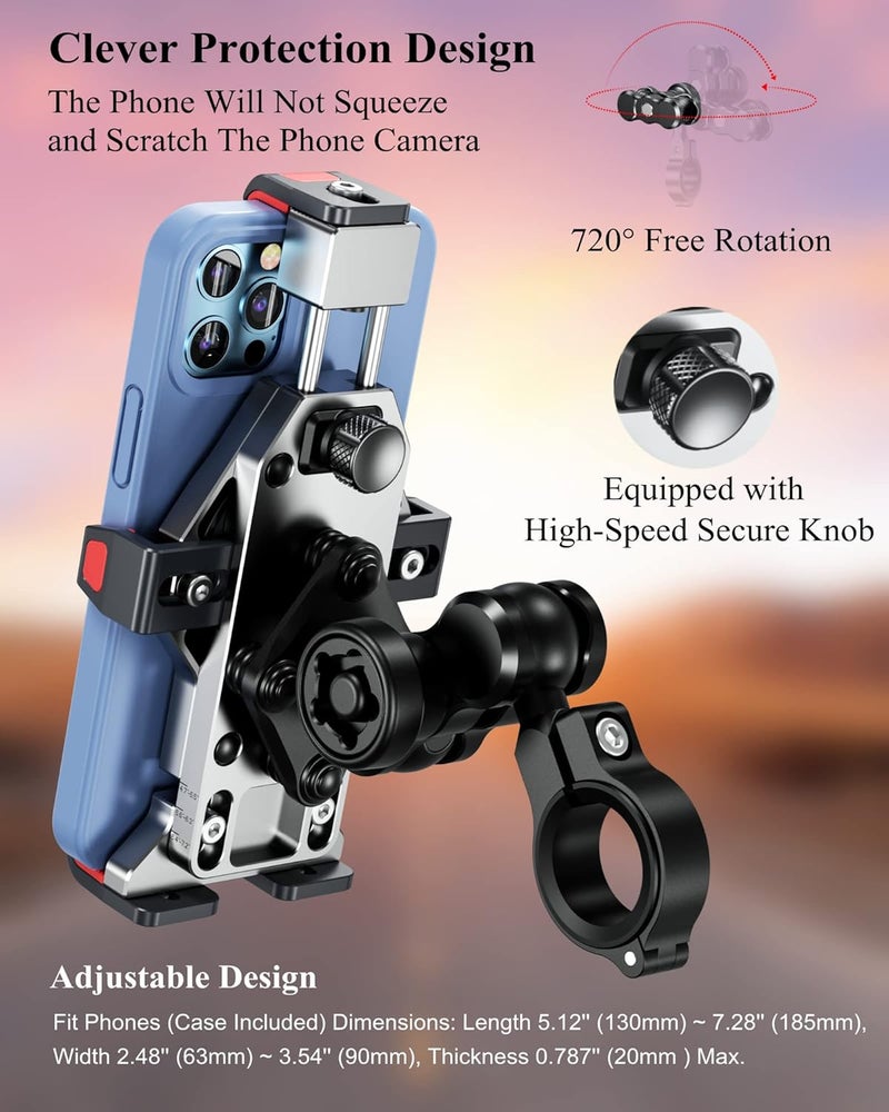 BRCOVAN Anti-Theft Aluminum Alloy Motorcycle Phone Mount with Vibration Dampener & Secure Lock, Adjustable Motorcycle Handlebar Cellphone Holder for Bike Bicycle Scooter ATV, Fit 4.7-7.2'' Smartphone - Image 5